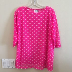 Pink & White Polka Dot Cover Up Top Medium Lightweight Mesh 3/4 Sleeves Prego